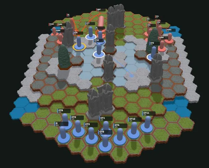 A Heroscape battlefield in 3D: blue and red armies on grass, rock and water hexes, with ruins between them.